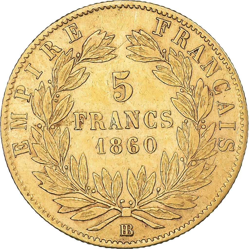 Moneda, Francia, Napoleon III, 5 Francs, 1860, Strasbourg, MBC+, Oro, KM:787.2