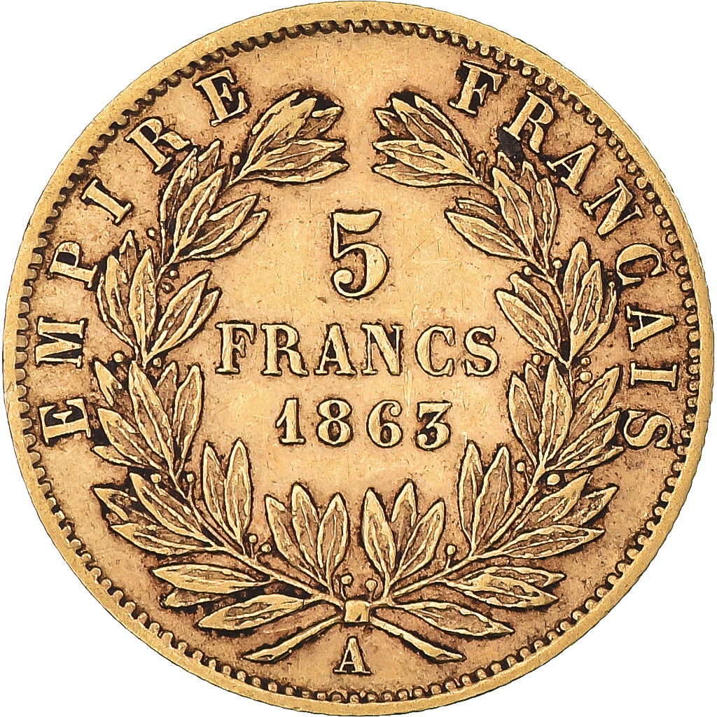 Munten, Frankrijk, Napoleon III, 5 Francs, 1863, Paris, ZF, Goud, KM:803.1, Le
