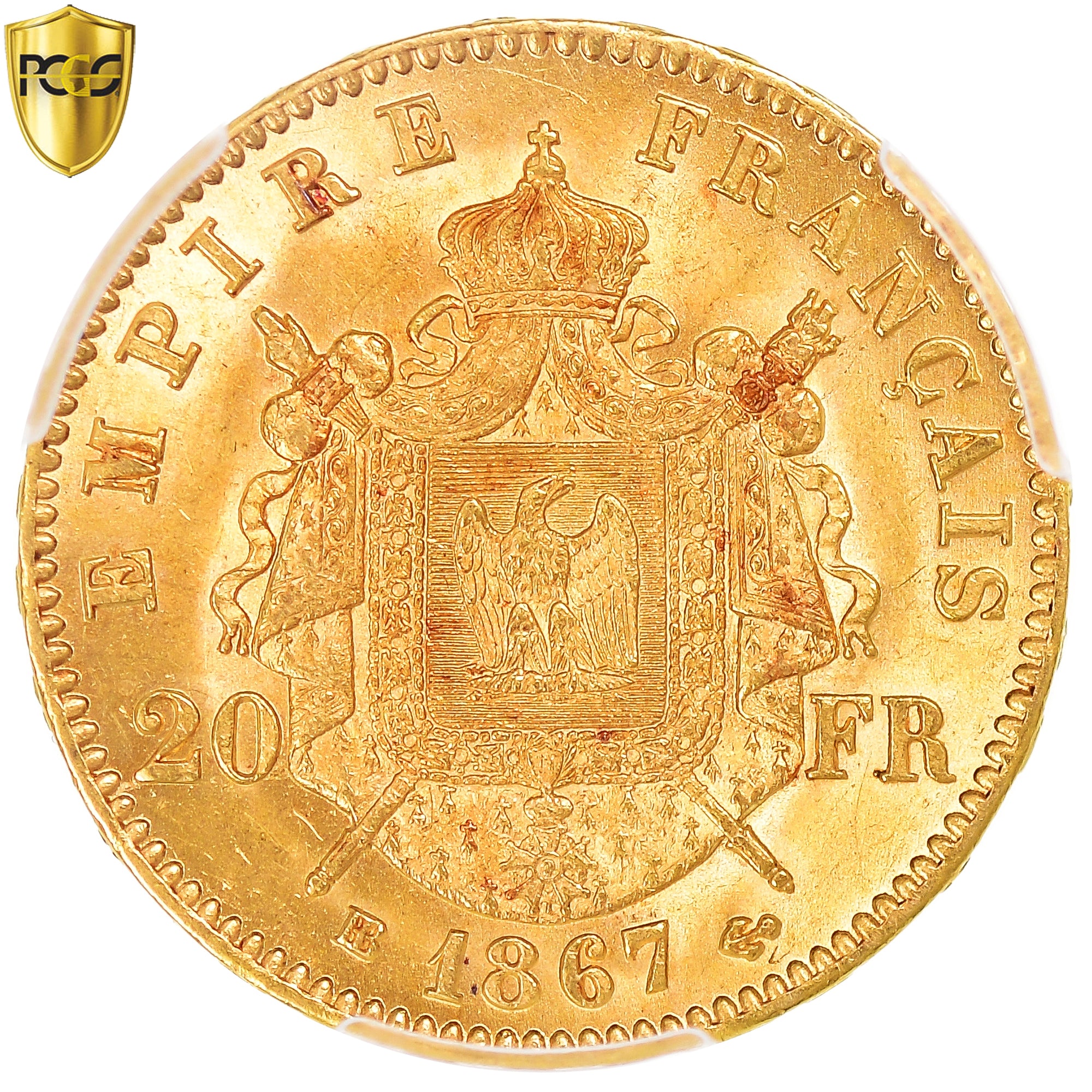 Moneta, Francia, Napoleon III, 20 Francs, 1867, Strasbourg, PCGS, MS62, SPL