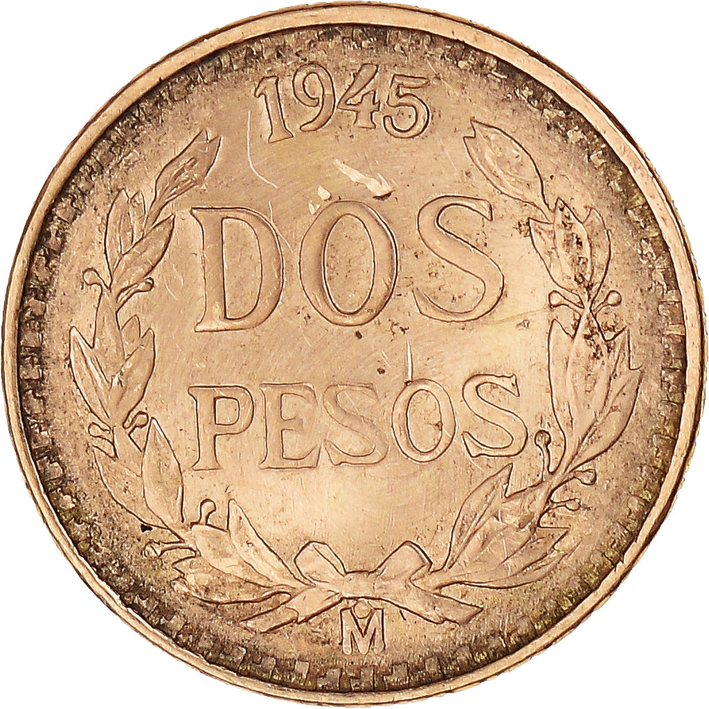 Coin, Mexico, 2 Pesos, 1945, Mexico City, AU(55-58), Gold, KM:461