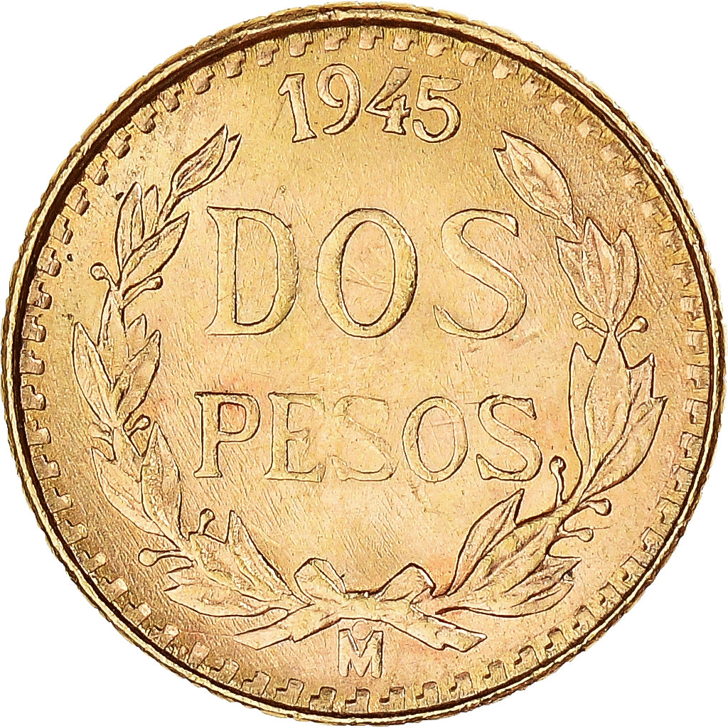 Coin, Mexico, 2 Pesos, 1945, Mexico City, MS(65-70), Gold, KM:461