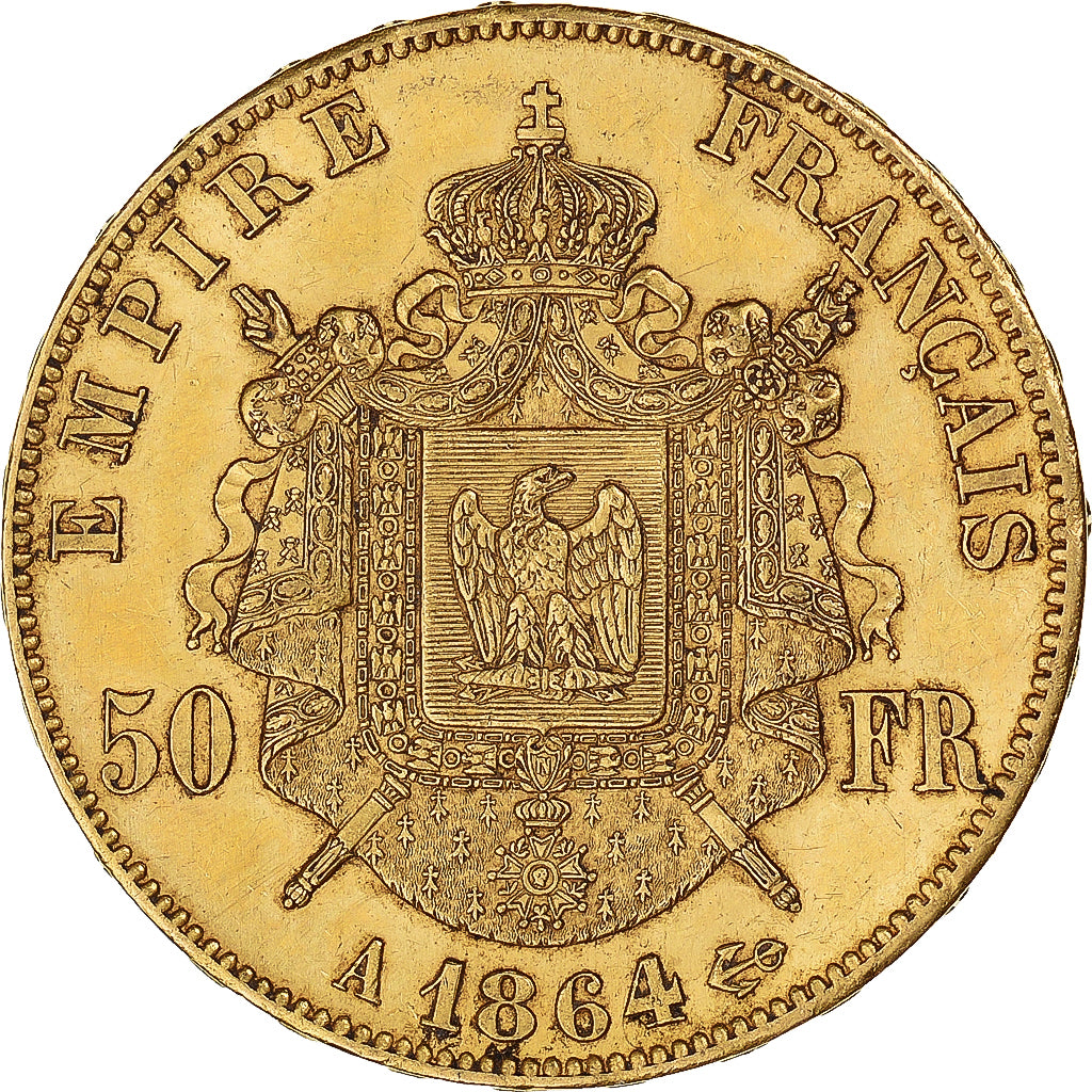 Moneta, Francia, Napoleon III, 50 Francs, 1864, Paris, SPL-, Oro, KM:804.1