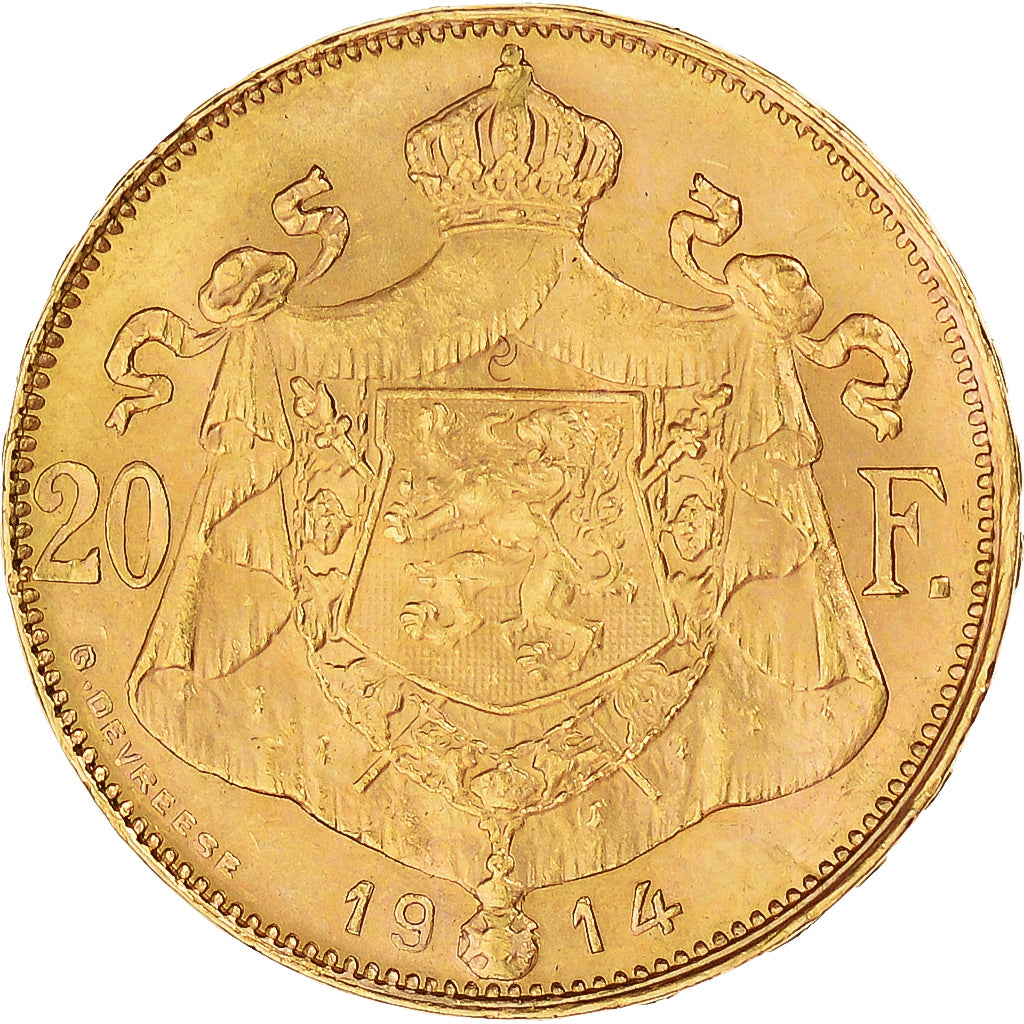 Moneta, Belgia, Albert I, 20 Francs, 20 Frank, 1914, MS(60-62), Złoto, KM:79