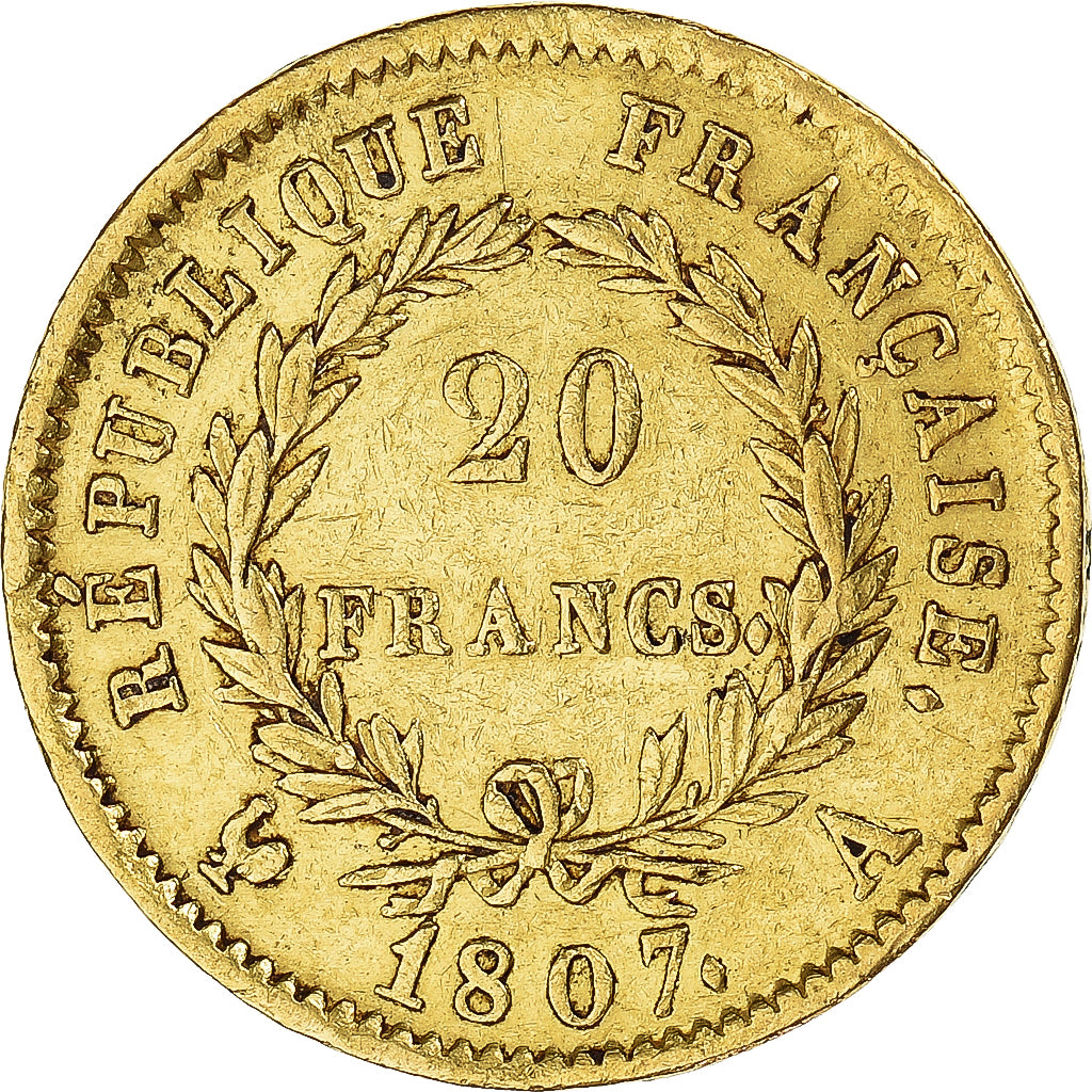 Moneda, Francia, Napoleon I, 20 Francs, 1807, Paris, MBC, Oro, KM:A687.1, Le