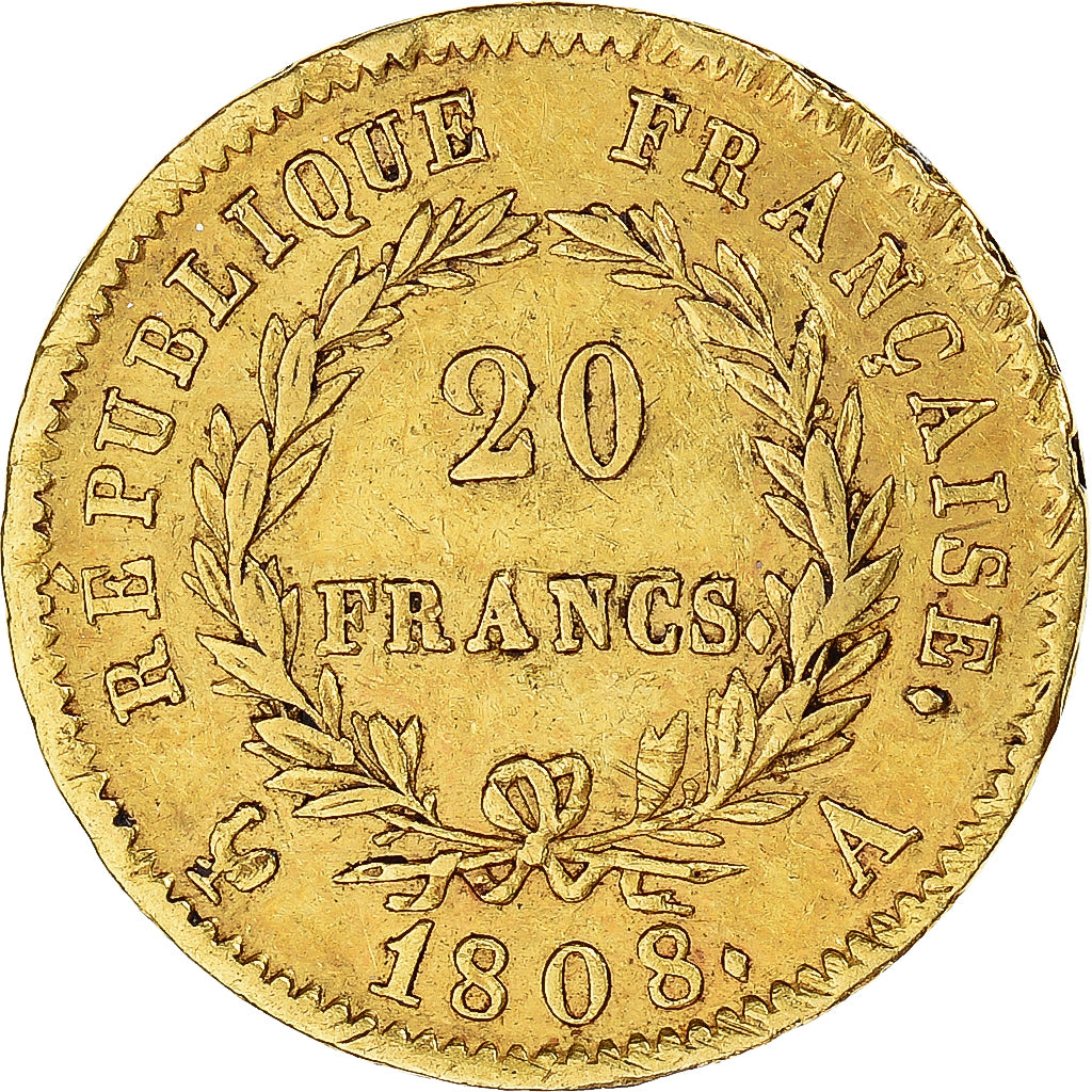Moneda, Francia, Napoleon I, 20 Francs, 1808, Paris, MBC, Oro, KM:687.1