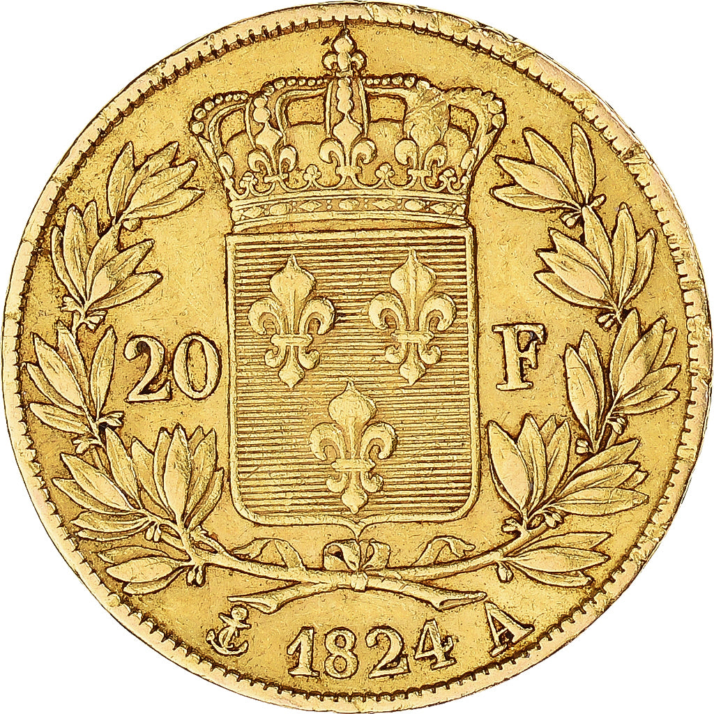 Munten, Frankrijk, Louis XVIII, 20 Francs, 1824, Paris, ZF+, Goud, KM:712.1