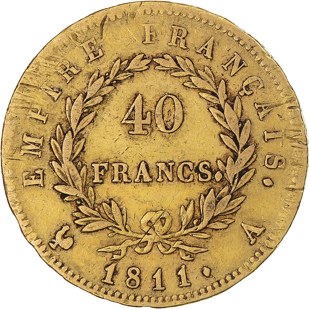 Moneda, Francia, Napoleon I, 40 Francs, 1811, Paris, BC+, Oro, KM:696.1, Le