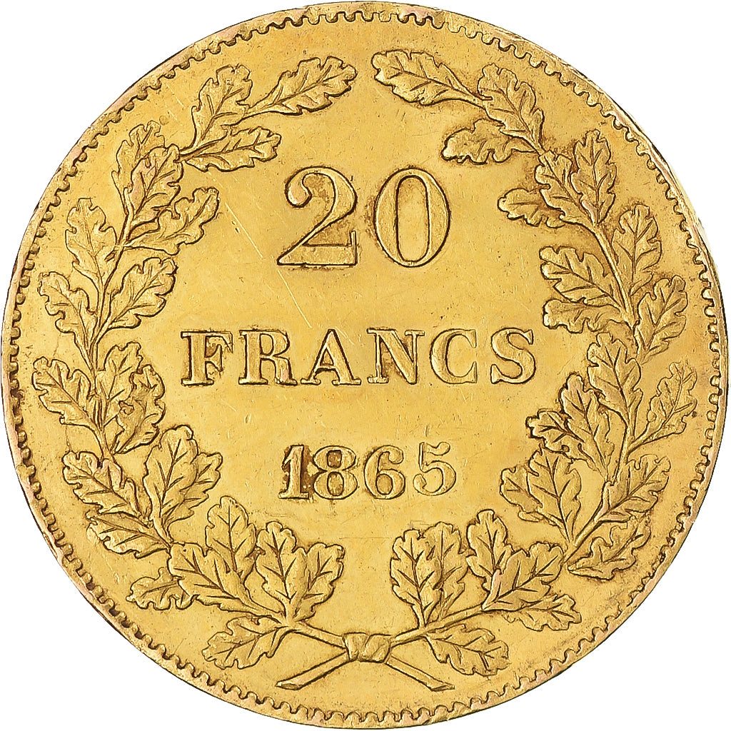 Moneta, Belgia, Leopold I, 20 Francs, 1865, Brussels, AU(55-58), Złoto, KM:23