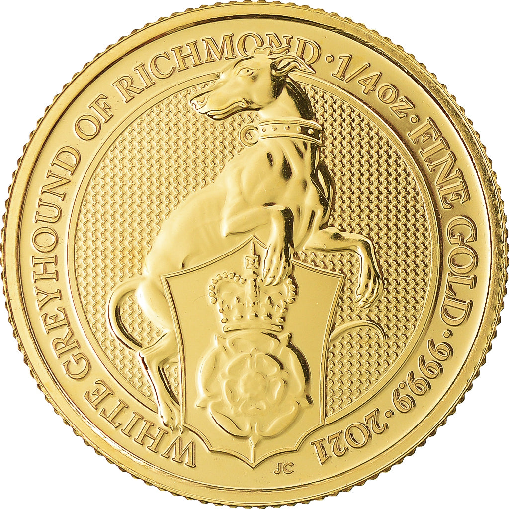 Coin, Great Britain, Elizabeth II, White Greyhound, 25 Pounds - 1/4 Oz, 2021
