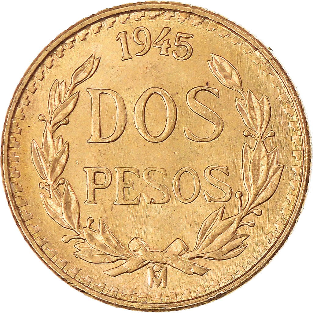 Coin, Mexico, 2 Pesos, 1945, Mexico City, MS(60-62), Gold, KM:461