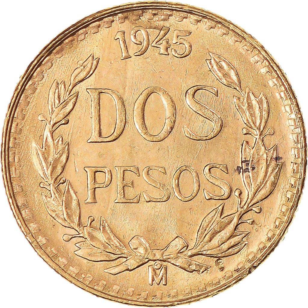 Coin, Mexico, 2 Pesos, 1945, Mexico City, MS(60-62), Gold, KM:461