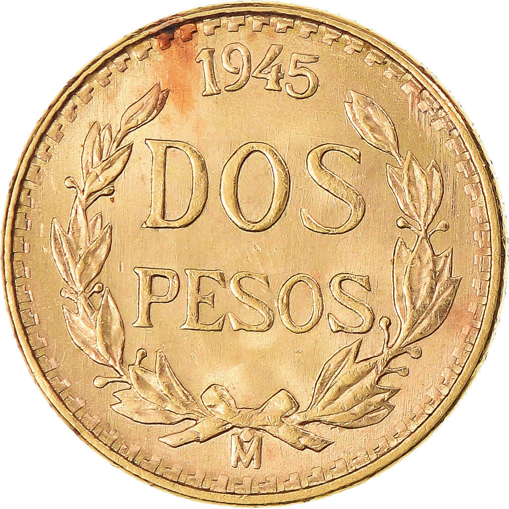 Coin, Mexico, 2 Pesos, 1945, Mexico City, MS(65-70), Gold, KM:461