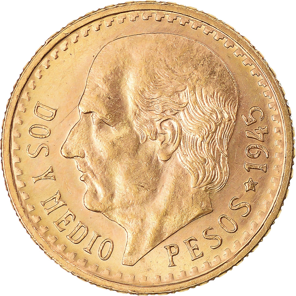 Coin, Mexico, 2-1/2 Pesos, 1945, Mexico City, MS(65-70), Gold, KM:463