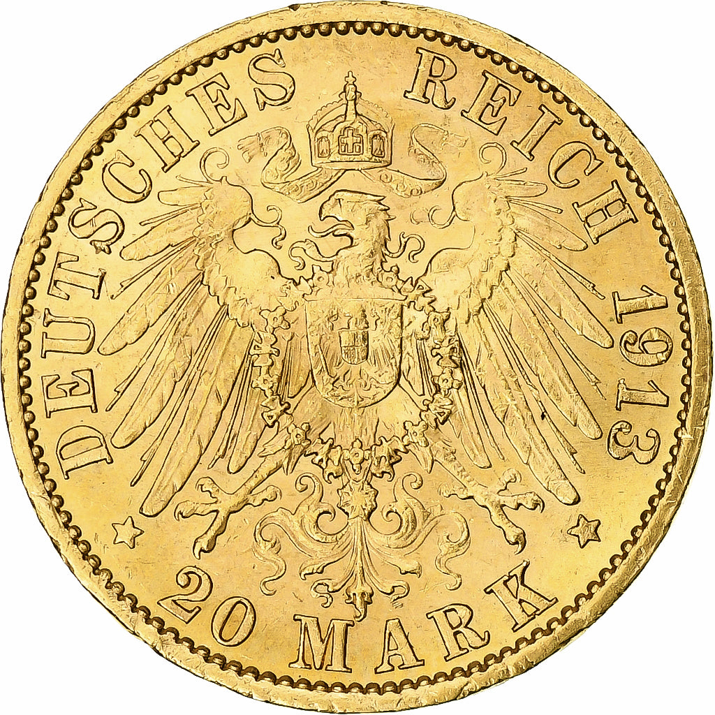 Coin, German States, PRUSSIA, Wilhelm II, 20 Mark, 1913, Berlin, MS(60-62)