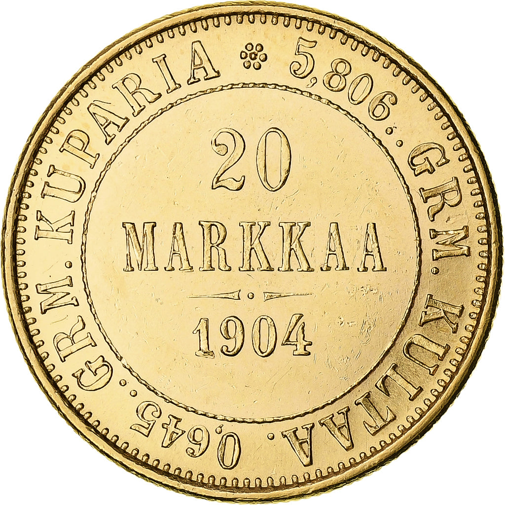 Coin, Finland, Nicholas II, 20 Markkaa, 1904, Helsinki, MS(63), Gold, KM:9.2