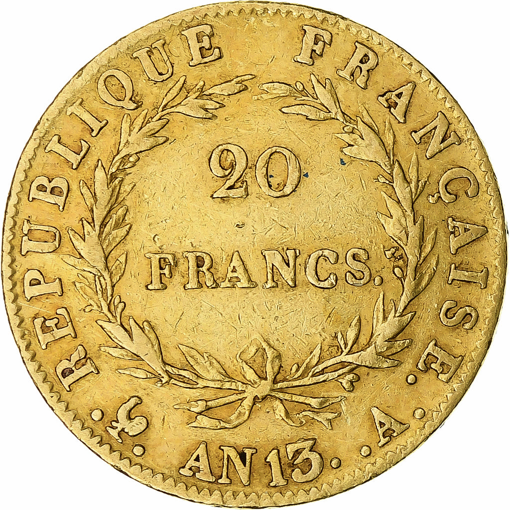 Moneda, Francia, Napoleon I, 20 Francs, AN 13, Paris, BC+, Oro, KM:663.1