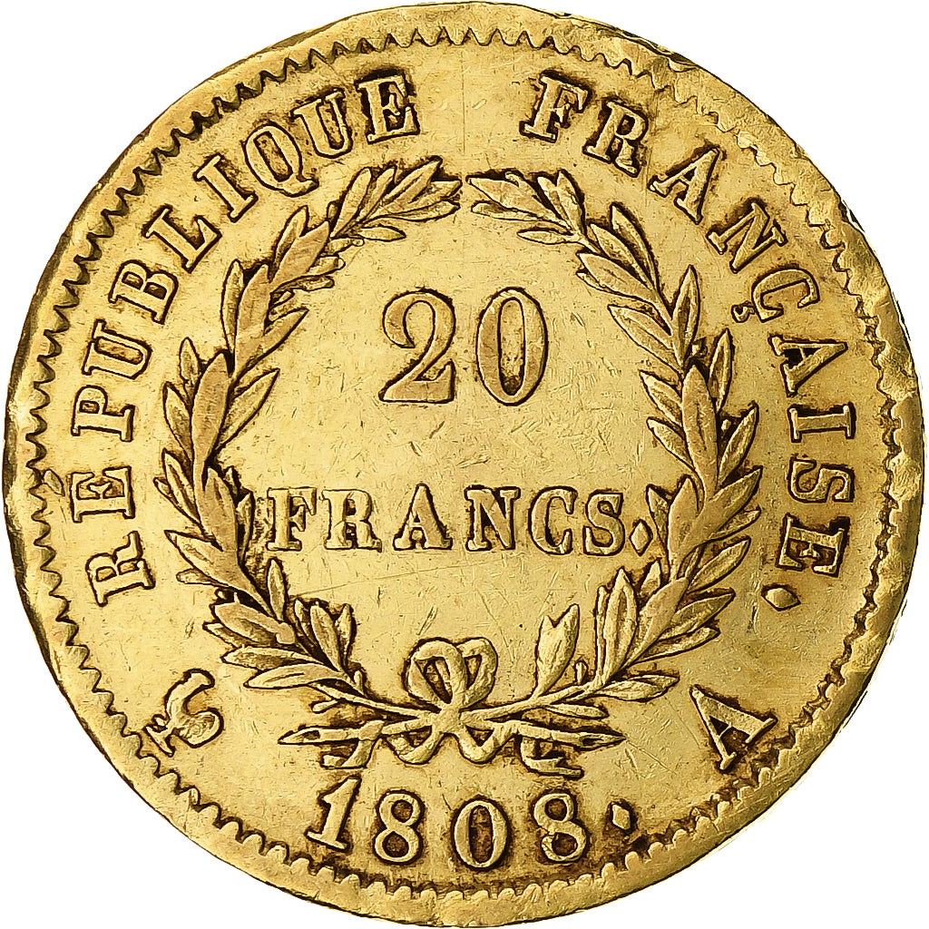 Moneta, Francia, Napoleon I, 20 Francs, 1808, Paris, BB, Oro, KM:687.1