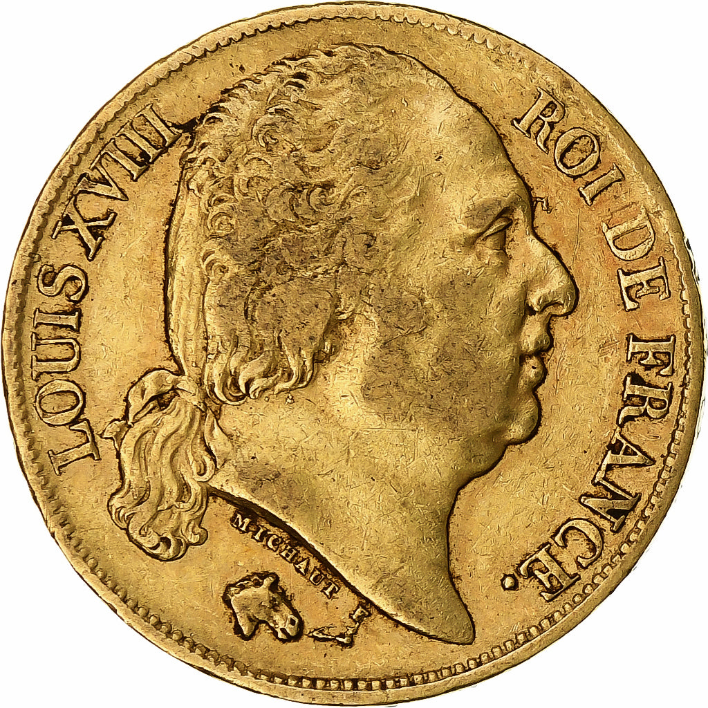 Moeda, França, Louis XVIII, 20 Francs, 1824, Paris, EF(40-45), Dourado