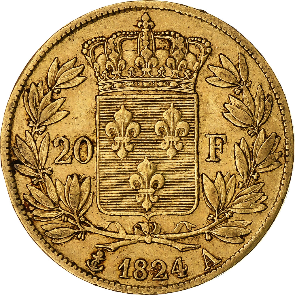 Moeda, França, Louis XVIII, 20 Francs, 1824, Paris, EF(40-45), Dourado