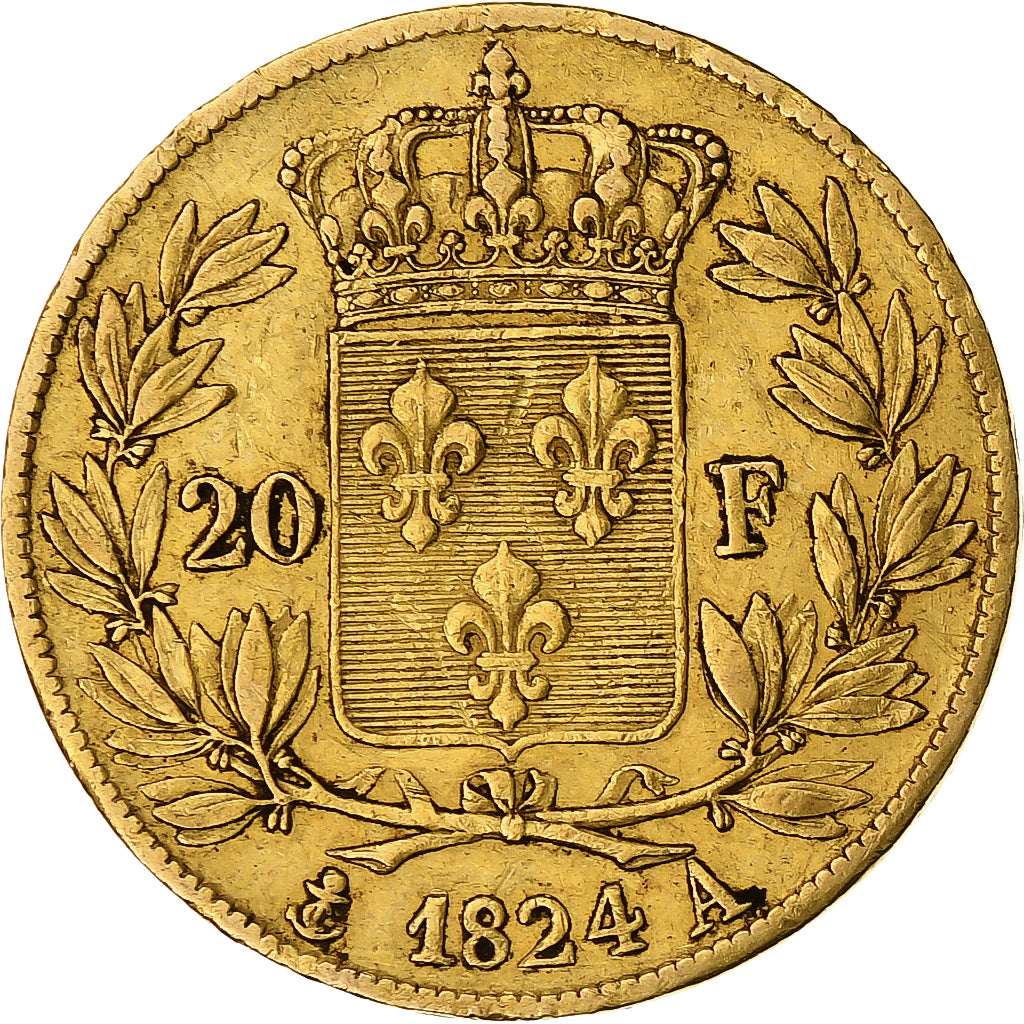 Moneta, Francia, Louis XVIII, 20 Francs, 1824, Paris, BB, Oro, KM:712.1