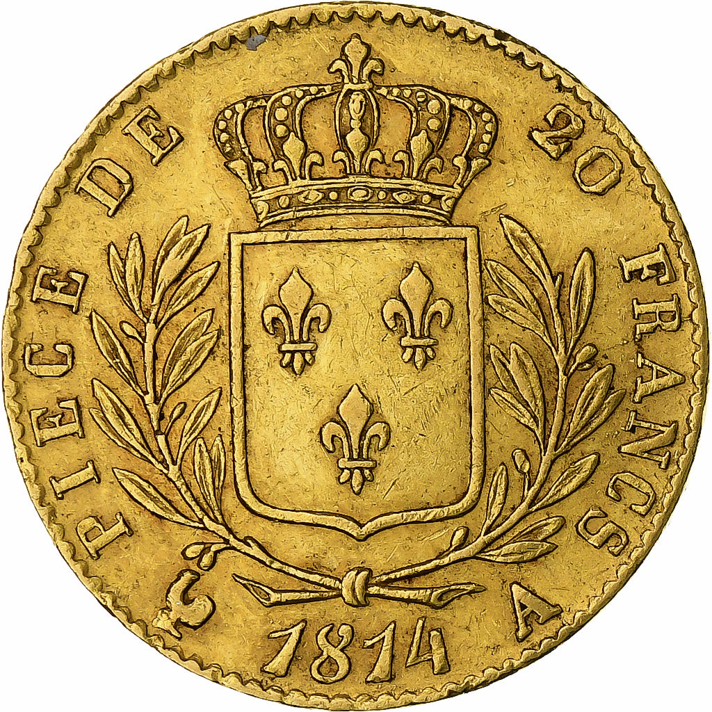 Moneta, Francja, Louis XVIII, 20 Francs, 1814, Paris, EF(40-45), Złoto