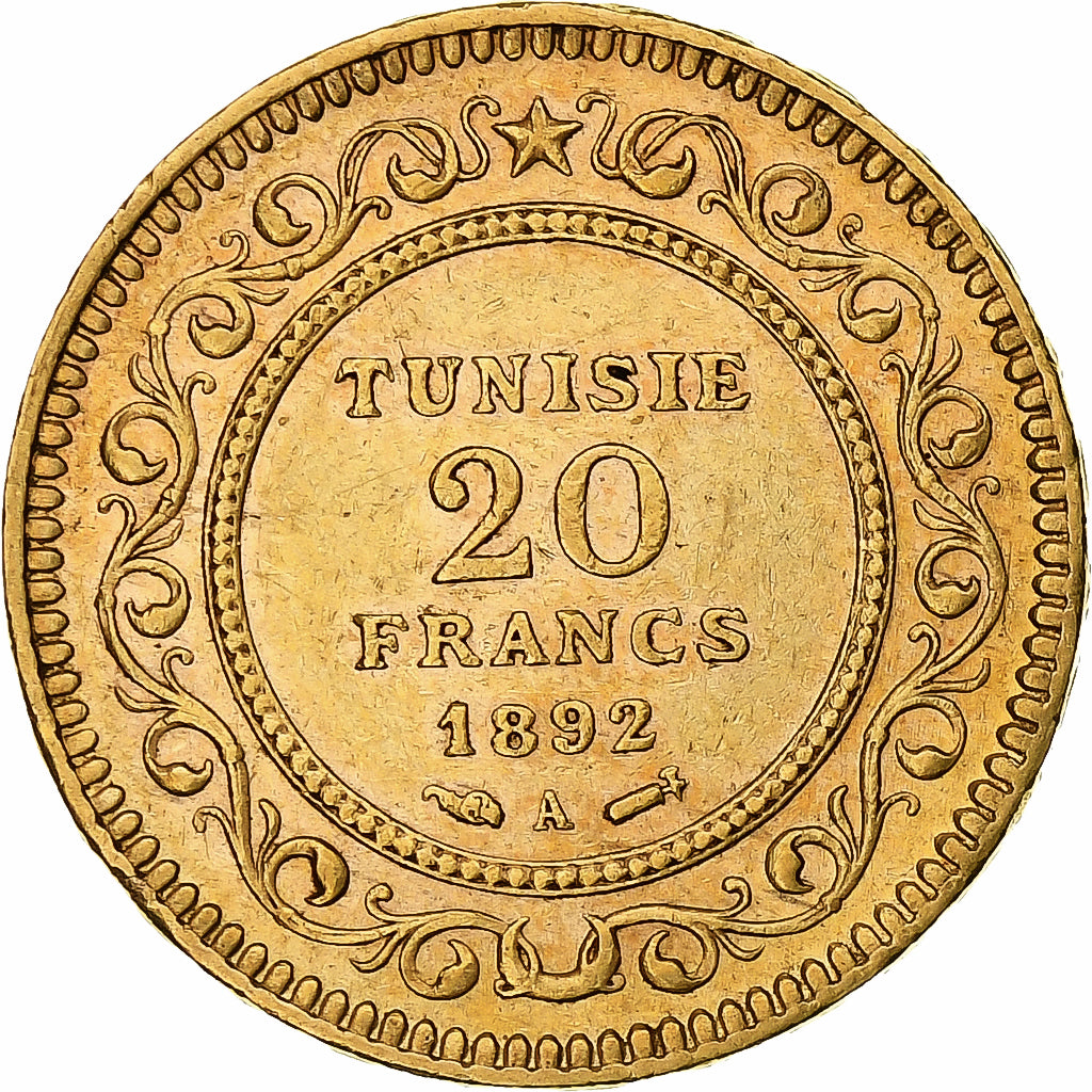 Coin, Tunisia, Ali Bey, 20 Francs, 1892, Paris, AU(55-58), Gold, KM:227