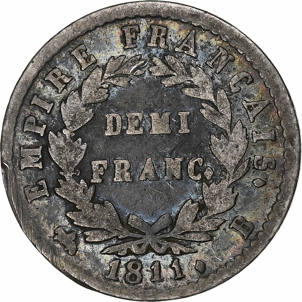 France, Napoleon I, 1/2 Franc, 1811, Rouen, VF(20-25), Silver, KM:691.2