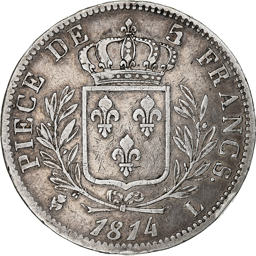 France, Louis XVIII, 5 Francs, 1814, Bayonne, VF(30-35), Silver, KM:702.8