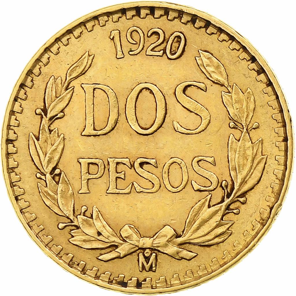 Mexico, 2 Pesos, 1920, Mexico City, AU(55-58), Gold, KM:461