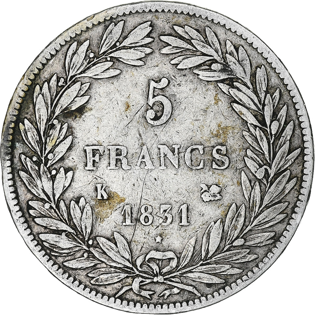 France, Louis-Philippe, 5 Francs, 1831, Bordeaux, Tranche en creux, TB+, Argent