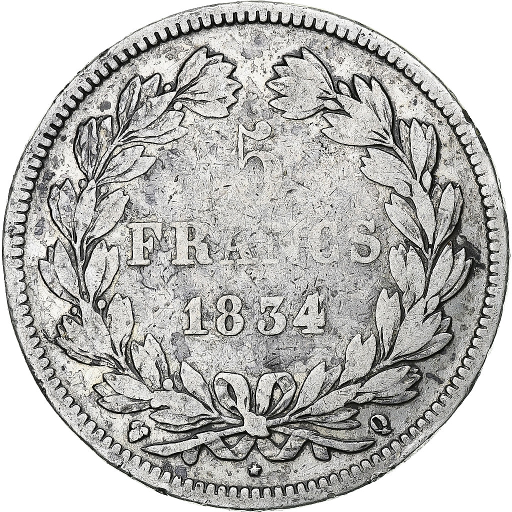 Francia, Louis-Philippe, 5 Francs, 1834, Perpignan, MB, Argento, KM:749.11