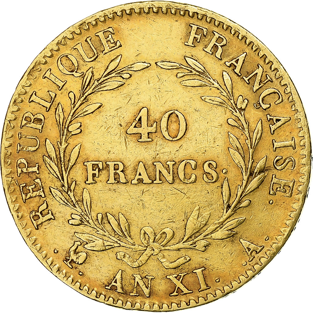 France, Napoléon I, 40 Francs, An XI, Paris, Sans olive, Or, TTB, Gadoury:1080