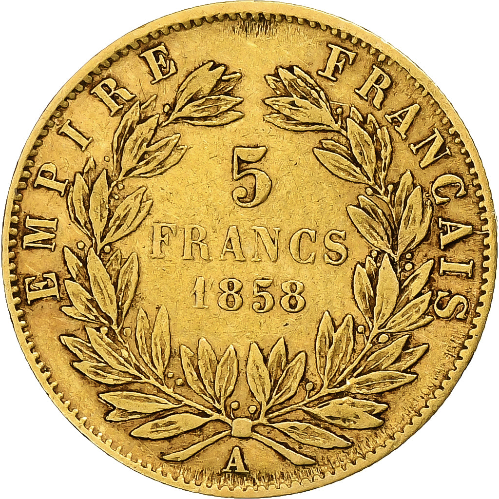 Frankrijk, Napoleon III, 5 Francs, 1858, Paris, FR+, Goud, KM:787.1