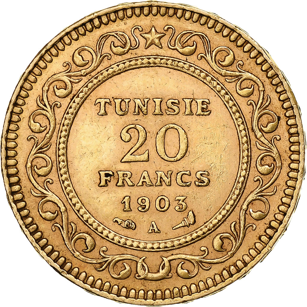 Túnez, Muhammad al-Hadi Bey, 20 Francs, 1903, Paris, Oro, MBC+, KM:234