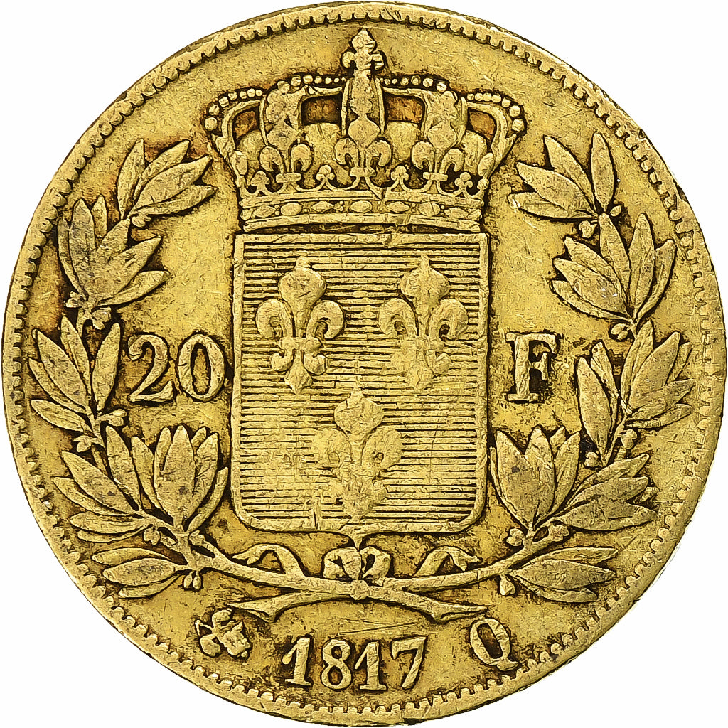 France, Louis XVIII, 20 Francs, 1817, Perpignan, Or, TB+, Gadoury:1028, Le