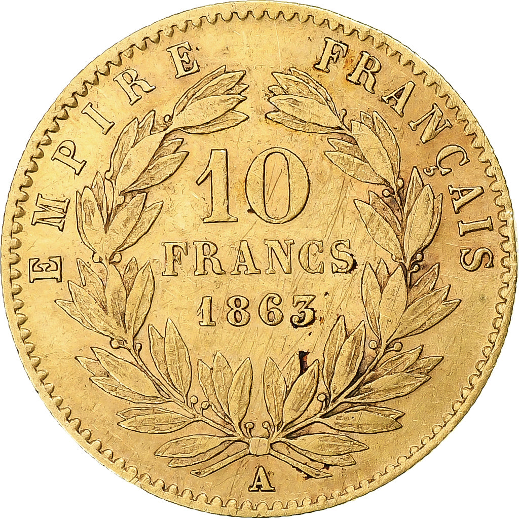 França, Napoleon III, 10 Francs, 1863, Paris, Dourado, AU(50-53), Gadoury:1015