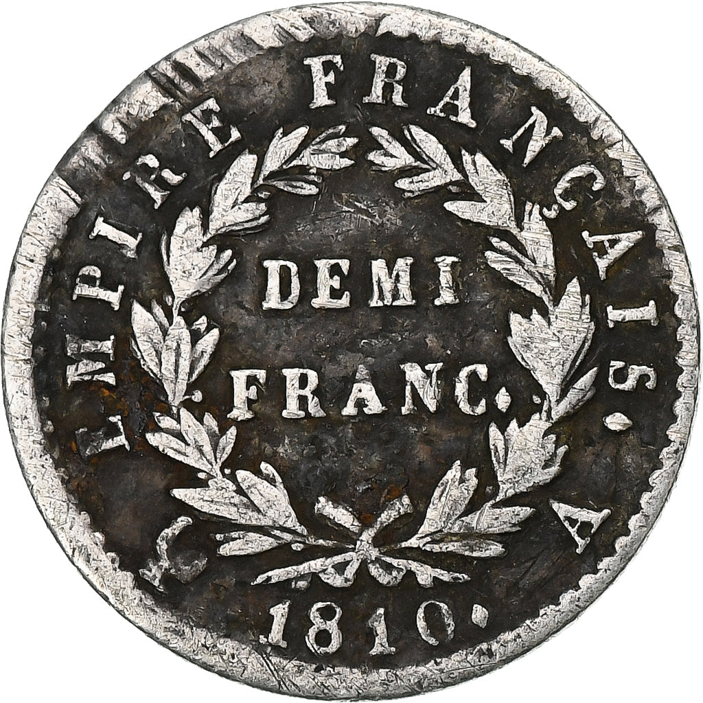 France, Napoleon I, 1/2 Franc, 1810, Paris, Silver, VF(30-35), Gadoury:399, Le