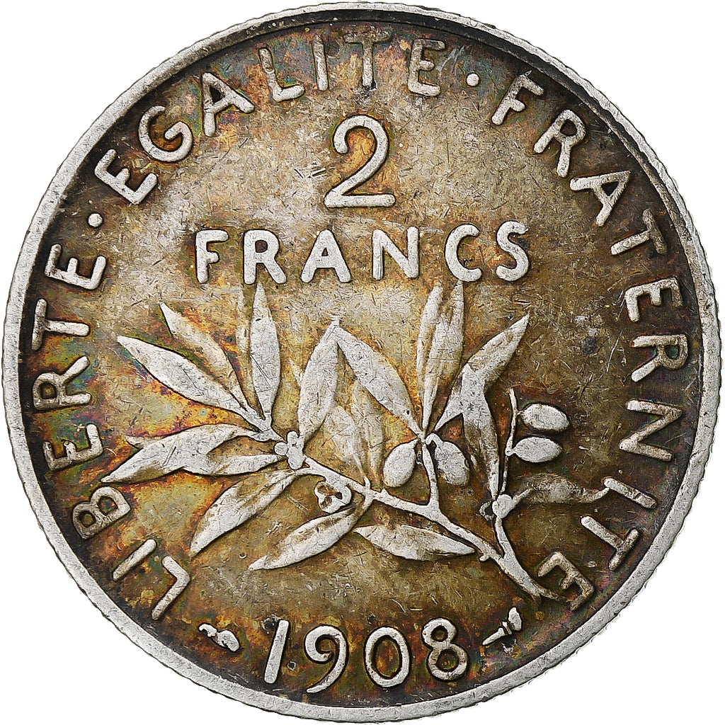 Francja, 2 Francs, Semeuse, 1908, Paris, Srebro, VF(20-25), Gadoury:532, Le