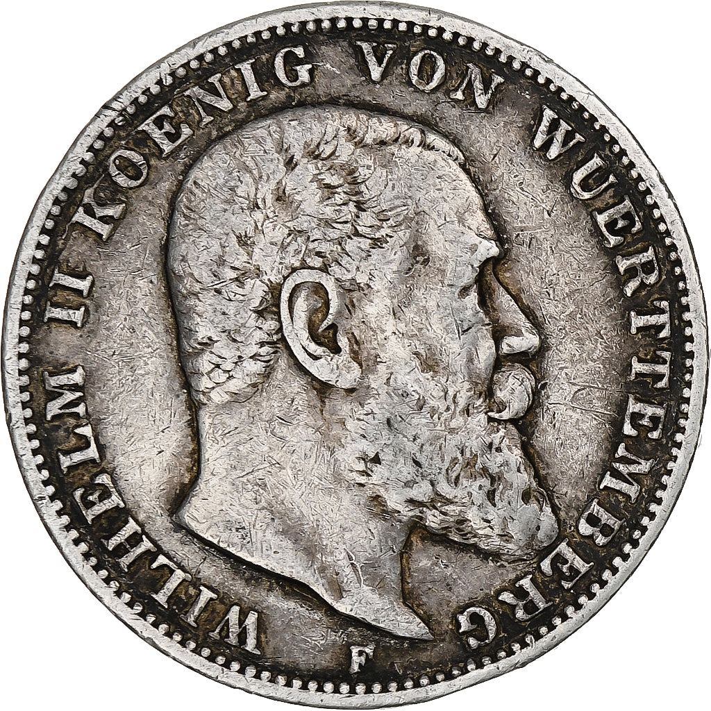 Duitse staten, WURTTEMBERG, Wilhelm II, 3 Mark, 1909, Stuttgart, Zilver, FR+