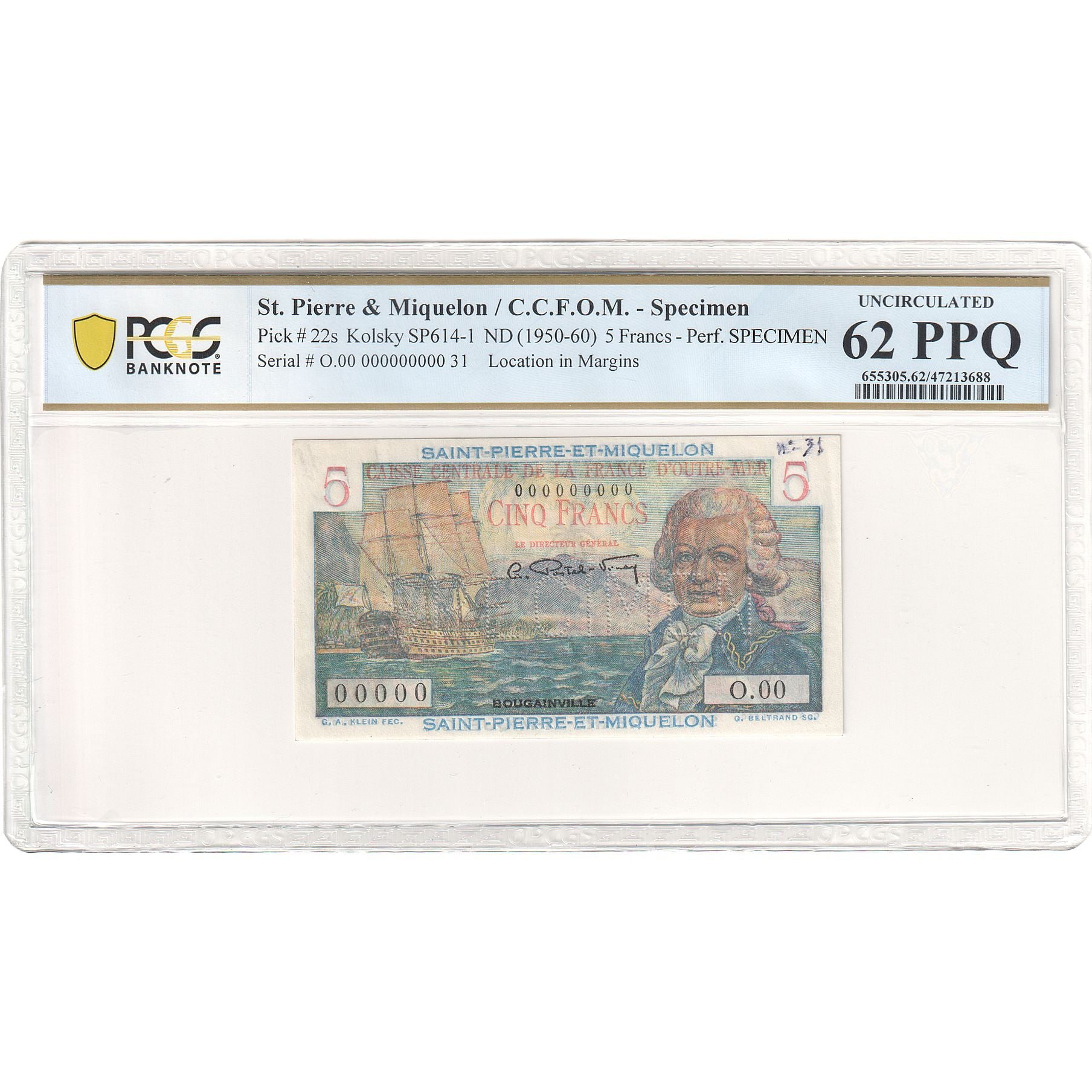 Saint-Pierre-et-Miquelon, 5 Francs, Bougainville, O.00, Specimen, Gegradeerd