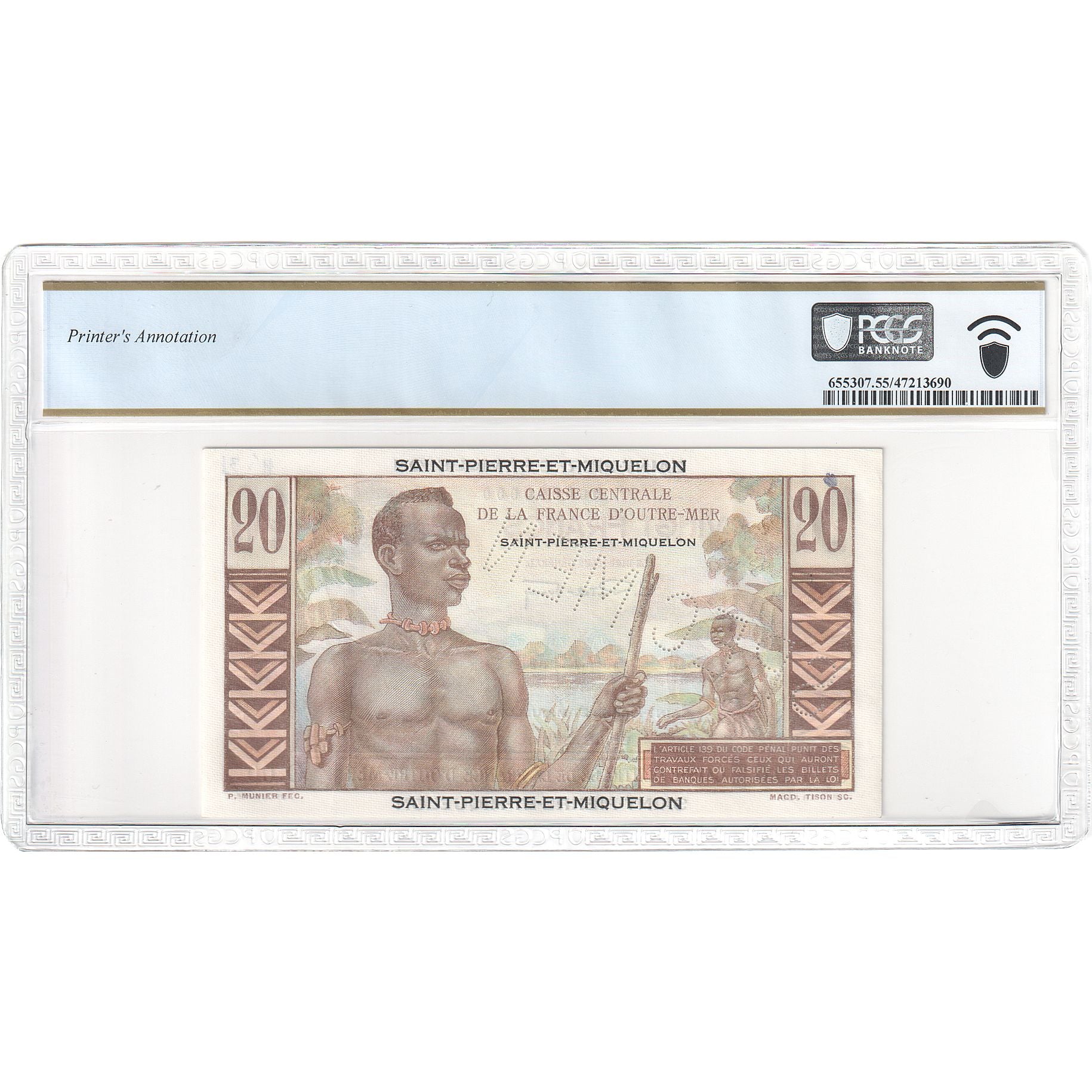 Saint Pierre and Miquelon, 20 Francs, Gentil, O.00, Specimen, graded, PCGS
