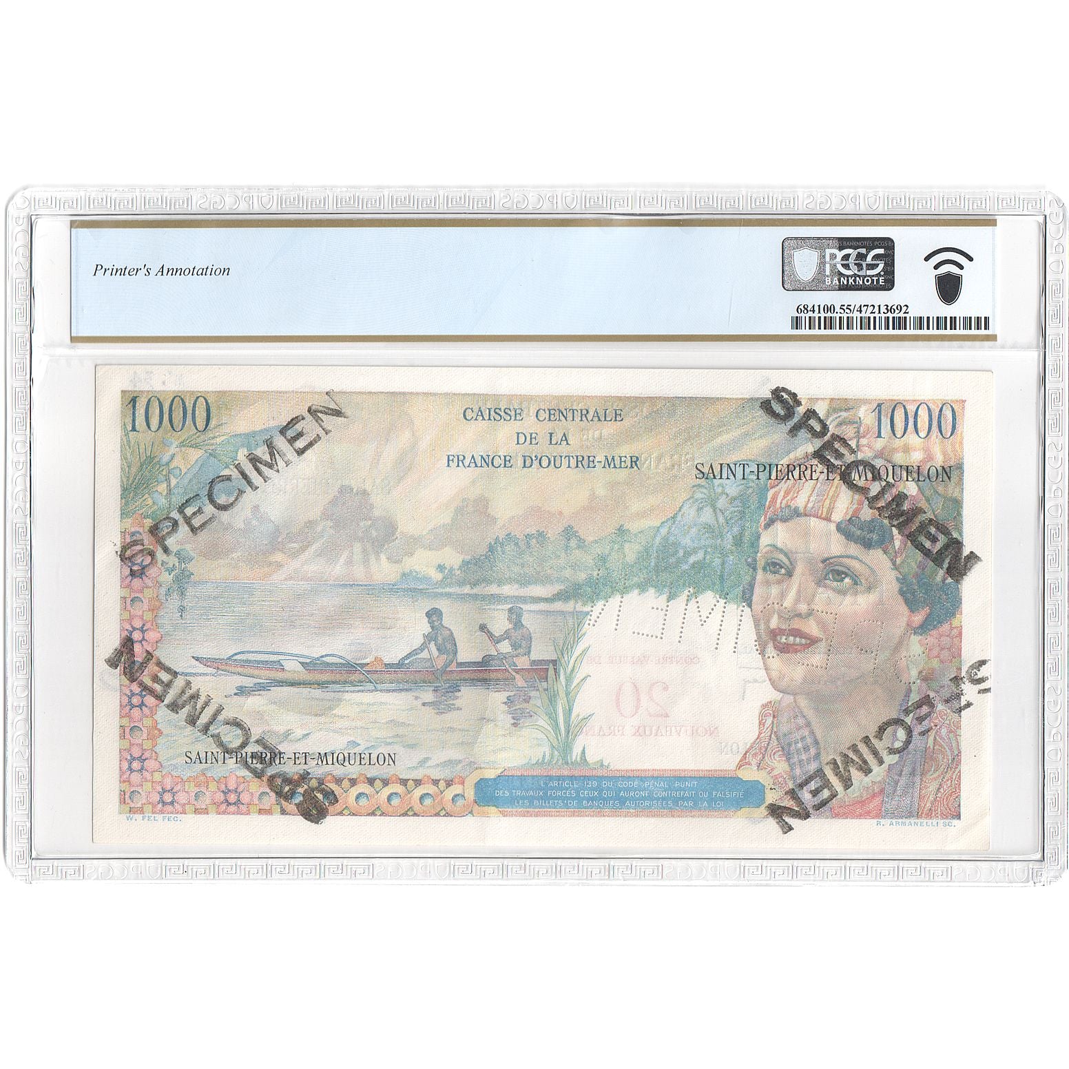 Saint Pierre and Miquelon, 20 Nouveaux Francs on 1000 Francs, Union Française