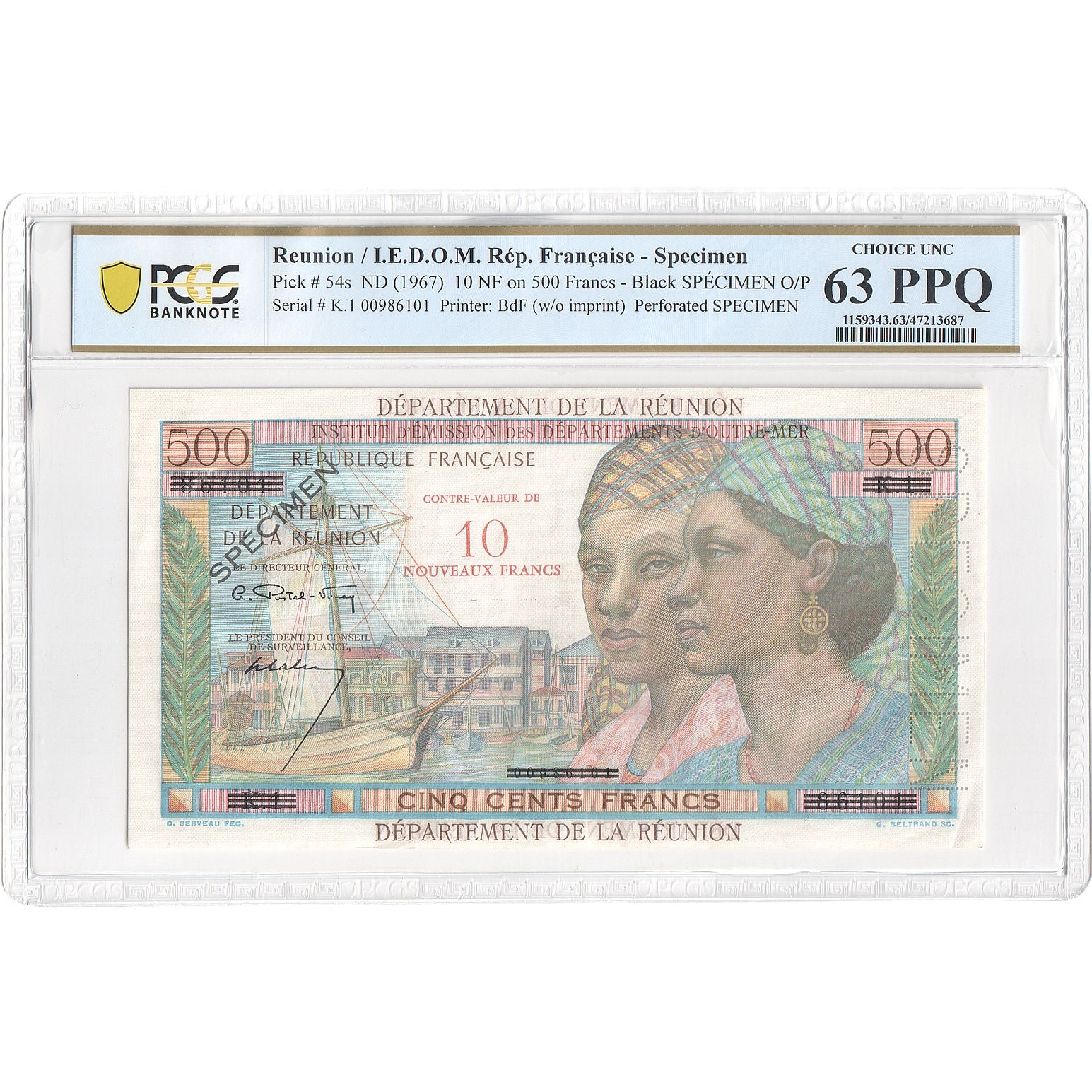 Réunion, 10 Nouveaux Francs on 500 Francs, Pointe-à-Pitre, Undated (1967)