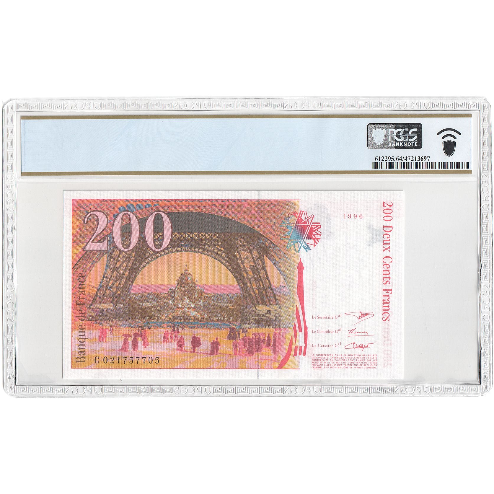 France, 200 Francs, Eiffel, 1996, F, graded, PCGS, 47213697, UNC(64)