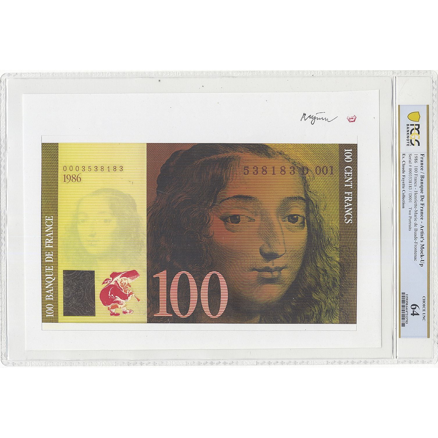 France, 100 Francs, Henriette-Marie de Buade-Frontenac, 1986, Mock-Up, graded