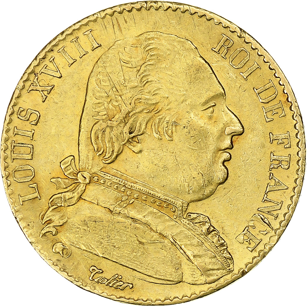 Francja, Louis XVIII, 20 Francs, 1815, Paris, Złoto, AU(55-58), Le Franc:F.517