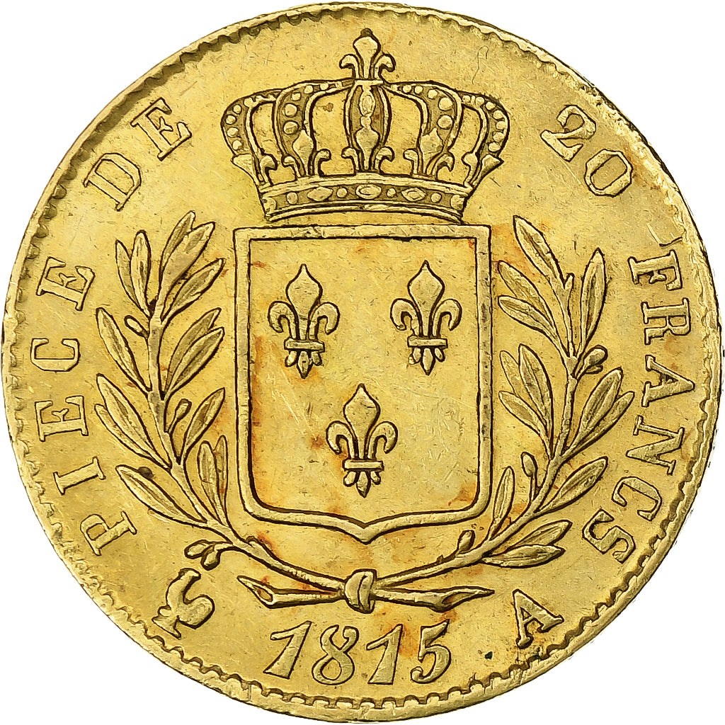 Francja, Louis XVIII, 20 Francs, 1815, Paris, Złoto, AU(55-58), Le Franc:F.517