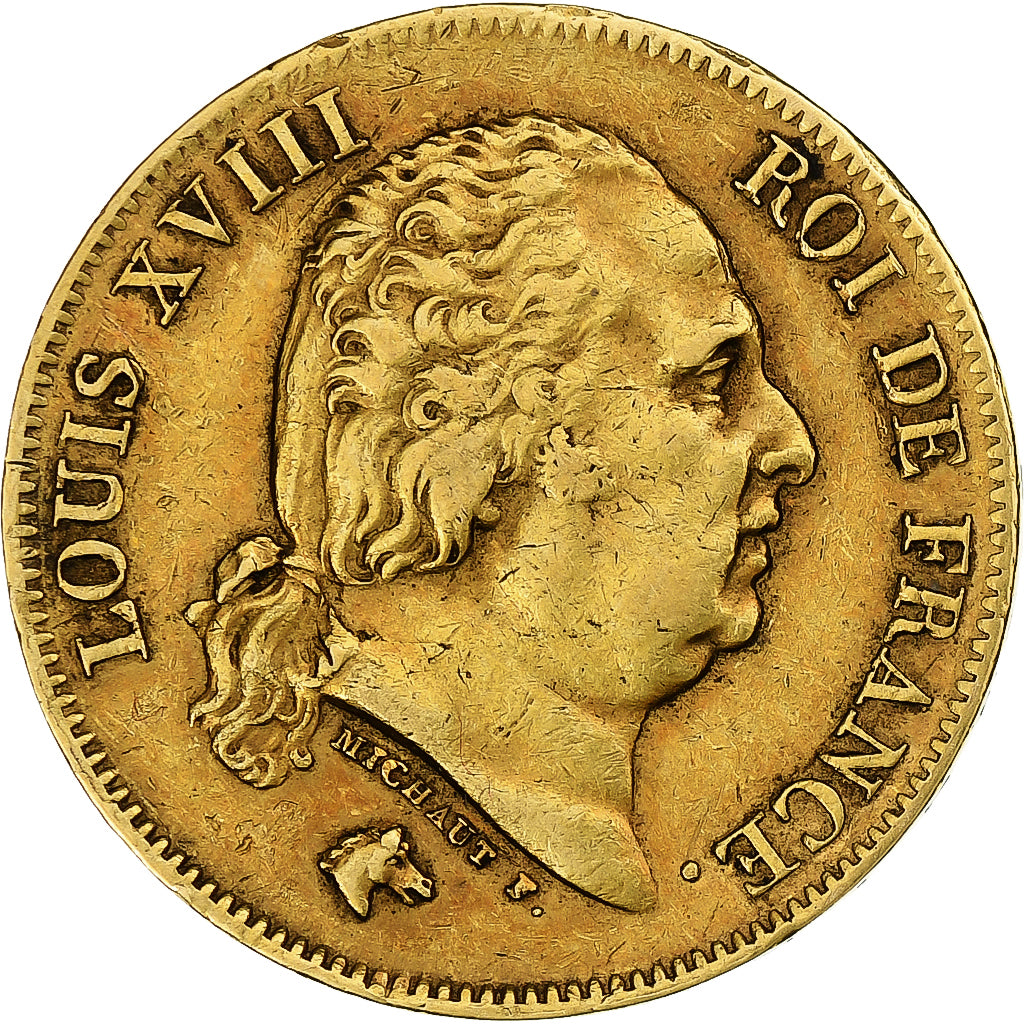 França, Louis XVIII, 40 Francs, 1818, Lille, Dourado, AU(50-53), Le
