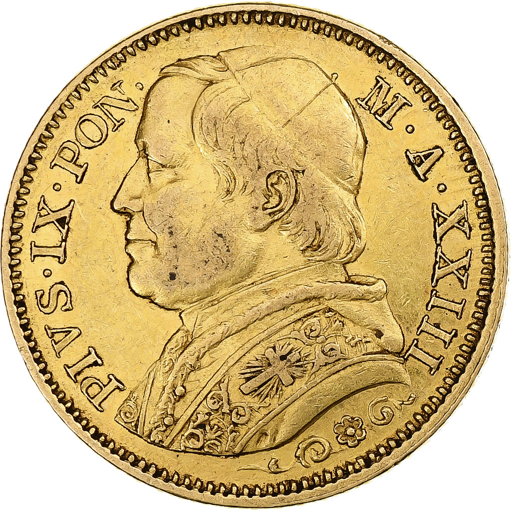DEPARTAMENTY WŁOSKIE, PAPAL STATES, Pius IX, 20 Lire, 1868, Rome, Złoto