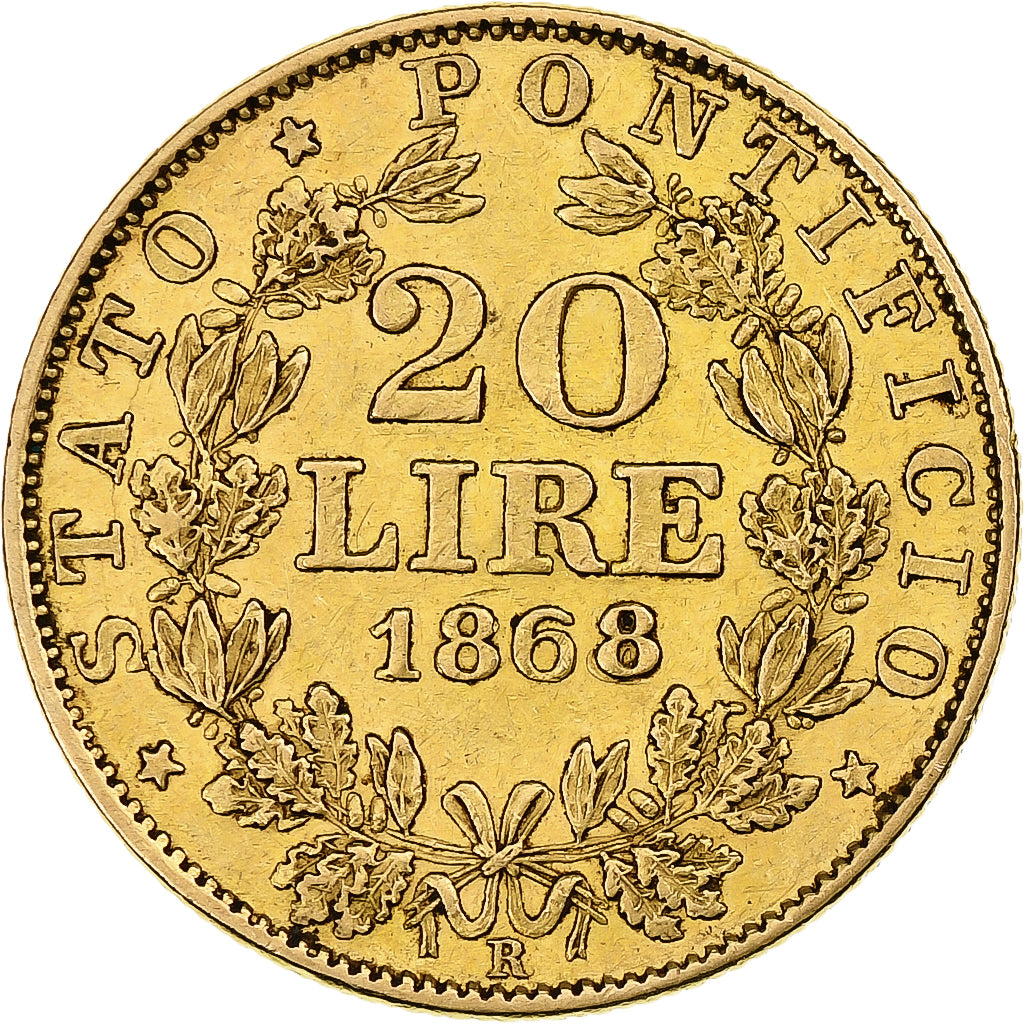 DEPARTAMENTY WŁOSKIE, PAPAL STATES, Pius IX, 20 Lire, 1868, Rome, Złoto
